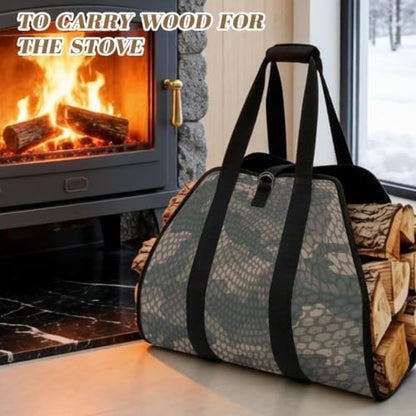 Snake Scale Camo Print Wood Carrying Bag for Firewood | Foldable Design, Adjustable Buckle Straps, Ideal for Indoor Stoves, Bonfires and Long RV Road Trips - color: Green Snake Scale Camo Print