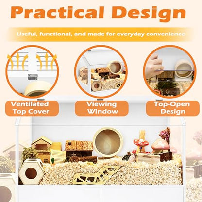 PROLEE Hamster Cage with Storage Cabinet,Large Hamster Encloure Chew Proof Wood,Clear View Hamster Habitat for Guinea Pig, Ferret, Rat, Hedgehog, 40" L x 20" W x 47" H (White) - color: White