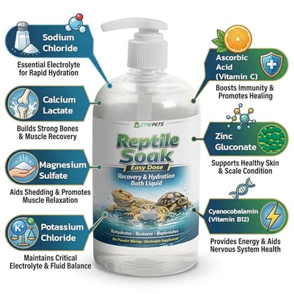 CTWPets Reptile Electrolyte Soak, Bearded Dragon Bath with Vitamins, 8 oz | Vitamin and electrolyte bath concentrate for leopard geckos, tortoises and snakes; 8 oz makes 100+ reptile soaks - size: 8 Fl Oz (Pack of 1)