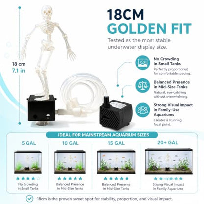 Dancing Skeleton Aquarium Bubbler with Quiet Air Pump, Complete Fish Tank Bubbler Decorations Kit, Adjustable 3D Printed Skeleton Fish Decor for Family-Use，Without Pump