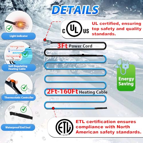 HEATIT 5W/ft Self-Regulating Pipe Heat Cable with Auto Thermostat 60Ft 120V | ETL certified for freeze protection and safe operation, built-in thermostat turns on at 37°F (3°C) , off at 50°F (10°C). - style: 60 ft