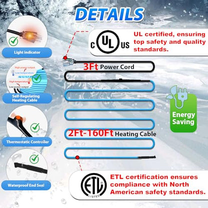 HEATIT 3Ft Energy Saving 5W/ft Self-Regulating Pipe Heat Cable ETL Listed | Automatically adjusts heating power to improve energy efficiency, safe to overlap, cross, spiral wrap without overheating. - style: 3 ft