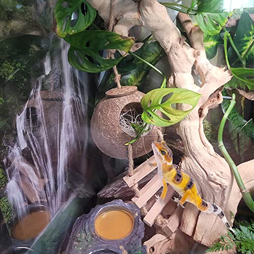 Lizard Coco Den with Ladder,Leopard Gecko Coconut Husk Hut Hideout Home Reptile Hammock Climbing Hanging Plants Decor Habitat Tank Accessories for Bearded Dragon Snake Chameleon - style: 【Style A】