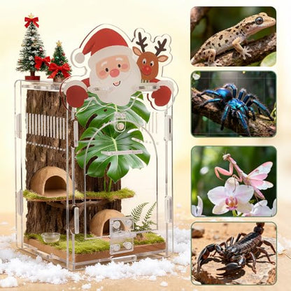 Santa Claus Jumping Spider Enclosure, Magnetic Acrylic Habitat Terrarium with Secure Doors, 4x4x6.3 Inch Small Desktop Decor Gift for Spider, Mantis, Beetles