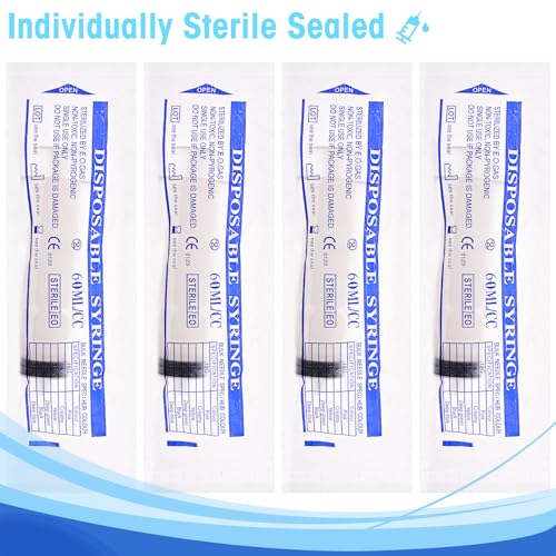 60ml Syringes without Needle, Large Plastic Liquid Syringe, 4 Pack | With Adapter for Pet Feeding, Plant Irrigation, Scientific Labs, Measuring Liquids, Individually Wrapped