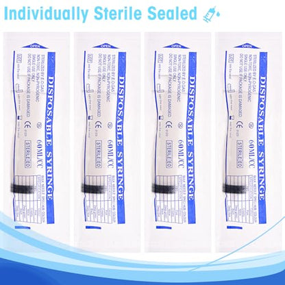 60ml Syringes without Needle, Large Plastic Liquid Syringe, 4 Pack | With Adapter for Pet Feeding, Plant Irrigation, Scientific Labs, Measuring Liquids, Individually Wrapped