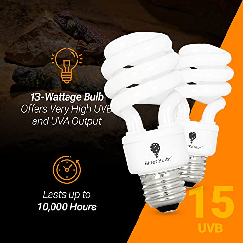 Bluex Bulbs 2 Pack 13-Watt Reptile Light - Intense UVA/UVB, 15.0 UVB, Compact Florescent, Suitable for Desert Reptiles & Amphibians, Promotes Natural Behavior, CFL Bulb - style: UVB 15.0