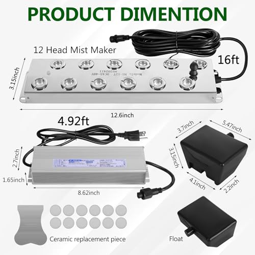 Ultrasonic Mist Maker 12 Heads, 9000ml/H Ultrasonic Fogger w/Float, 400W Waterproof Power Supply, for Halloween Atmosphere, Fish Tank, Greenhouse, Landscape