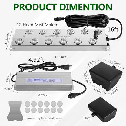 Ultrasonic Mist Maker 12 Heads, 9000ml/H Ultrasonic Fogger w/Float, 400W Waterproof Power Supply, for Halloween Atmosphere, Fish Tank, Greenhouse, Landscape