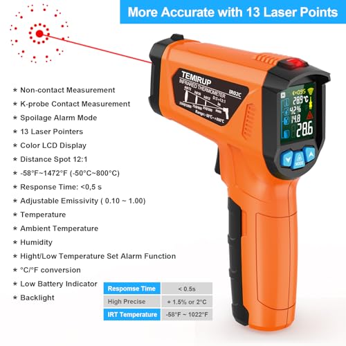 Infrared Thermometer Gun, Non Contact Digital Laser Thermometer Temperature Gun with Color LCD for Cooking, Home Repairs, Humidity Measurement, Adjustable Emissivity -58°F to 1472°F(-50~800°C) - color: Orange -58℉~1472℉(-50℃~800℃)