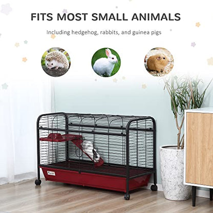 PawHut 41" L Small Animal Cage Rabbit Hutch with Feeder, Rolling Wheels Red | Ferret Pet Play House, Platform, Ramp - size: 41.5"L x 17.3"W x 26.0"H