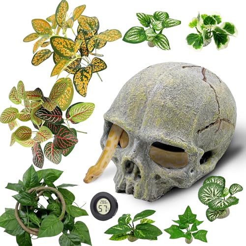 Tfwadmx 11Pcs Human Skull Decor with Plants, Snake Hide, Gecko Tank Accessories, Resin Skull with Climbing Vines Reptile Terrarium Tank Decor for Tarantulas, Lizards