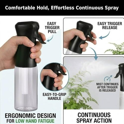 VIGOR PATH 200ml Continuous Mist Spray Bottle for Hair Plants and Skin Care | Ultra Fine Atomizer Leak Proof Ergonomic Construction 360 Refillable - size: 6.7 oz - Black/White