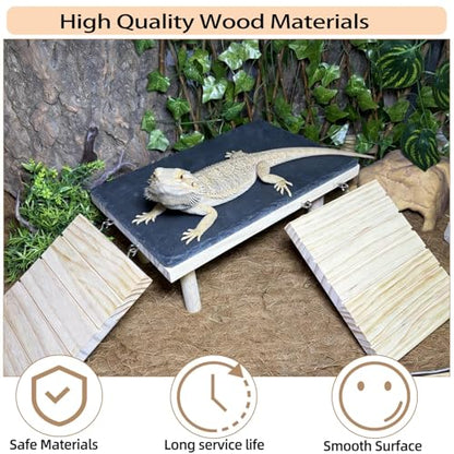 Wooden Bearded Dragon Platform Reptile Basking Platform with Slate Stone Tank Accessories for Leopard Gecko Lizard Turtle Snake (Large, 11.8 × 7.9 Inches)