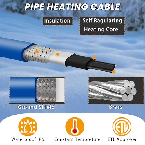 PROEZE 30FT Pipe Heat Cable with Thermostat, Self-Regulating Heating Cable 120V 5W/FT, Freeze Protection for Water Pipes, Roof, Garden, and Outdoor Use, Works Down to -40°F