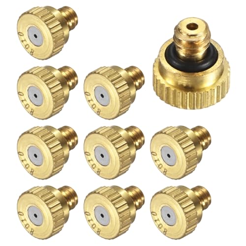 M METERXITY 10-Pack Brass Misting Nozzles, 0.031inch/0.8mm Orifice Heavy Duty 10/24 UNC Screw Thread Misting Nozzle Plug for Outdoor Spray Cooling System/Patio Mist System/Dust Control - size: 0.031inch/0.8mm