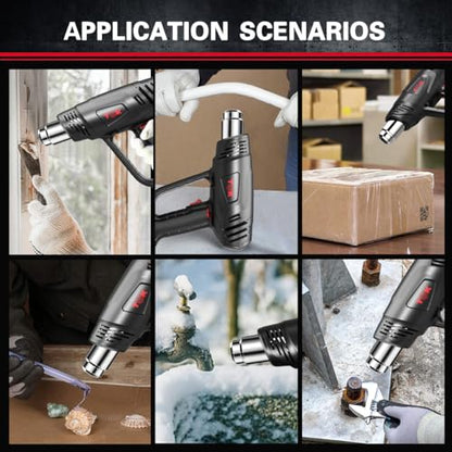 Heat Gun, TGK® 1800W Heavy Duty Hot Air Gun Kit 122℉~1202℉ Dual Temperature Settings with 3 Nozzle Attachments Overload Protection for Crafts, Shrink Wrapping/Tubing, Paint Removing, Epoxy Resin - color: Black