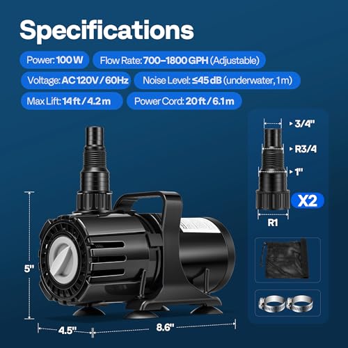 VIVOHOME 100W Pond Pump, 700-1800GPH Adjustable Flow Submersible Water Pump | Stepless Flow Control, 14ft Max Lift, 180° Seamless Adjustable Nozzle, Barrier Pump Bag, 20ft Power Cord - size: 700-1800GPH