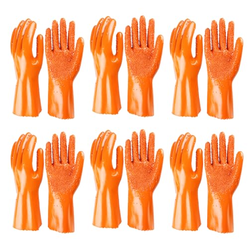 6 Pairs Sewer Gloves PVC Coated Non-Slip Oil & Chemical Resistant | 6 Pairs PVC Coated Sewer Gloves, Abrasion Resistant, Non-Slip Grip, Oil & Chemical Resistant for Drain Cleaning & Plumbing. - color: 6 Pairs Orange