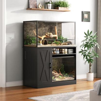 Herture 120 Gallon Reptile Tank Stand,48 X 24 for 120 Gallon Reptile Tank | with Storage Cabinet, Outlet Power, Adjustable Shelf, Double Terrarium Stand for Bearded Dragon Snake FEED001B Black