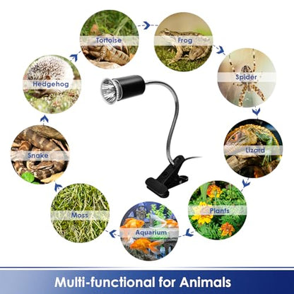 Techsea Reptile Heat Lamp with 360° Rotatable Clips, UVA + UVB Spectrum, 2 Light Bulbs (Black-1 Pack) - color: Black-1 Pack