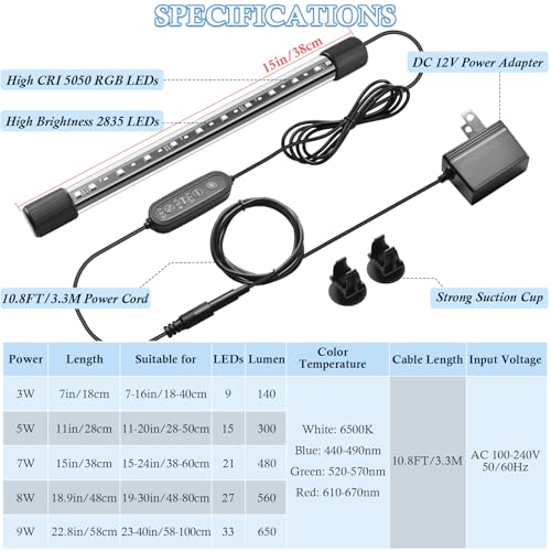 15in Submersible Aquarium LED Light, 24/7 Mode Aquarium Lights with Full Spectrum RGBW LEDs, IP68 Waterproof Fish Tank Light with Dimming, Timming and Color Adjustable - style: 15inch