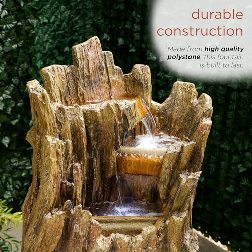 Alpine Corporation TZL338 Outdoor 3 Tier Waterfall Tree Trunk Floor Fountain with LED Lights for Patio, and Lawn Decor, 59 Inches Tall - style: 3-Tier 59" H - Cool White LEDs