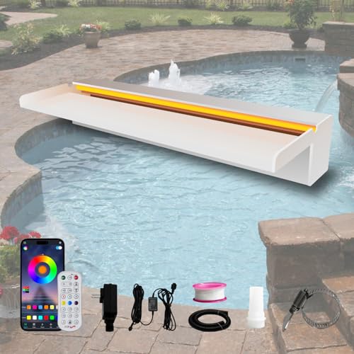 Pamopamo Pond Waterfall Spillway, APP Control Multi-Color LED Light Outdoor Pool Fountain, Acrylic Water Spillway Koi Fountains Kit for Garden Patio Swimming Pool Decoration - 23.6"x7.8"x3.9" - color: White, size: 23.6" Acrylic Waterfall