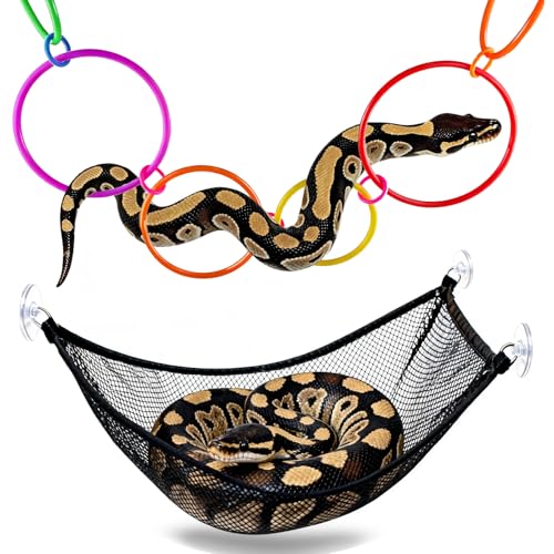 Ball Python Tank Accessories - 6 Ring Snake Climbing & Basking Hanging Hammock with Lounger Bed, Reptile Habitat Enrichment Accessories for Snake Tank, Lizard, Gecko Tank Decor