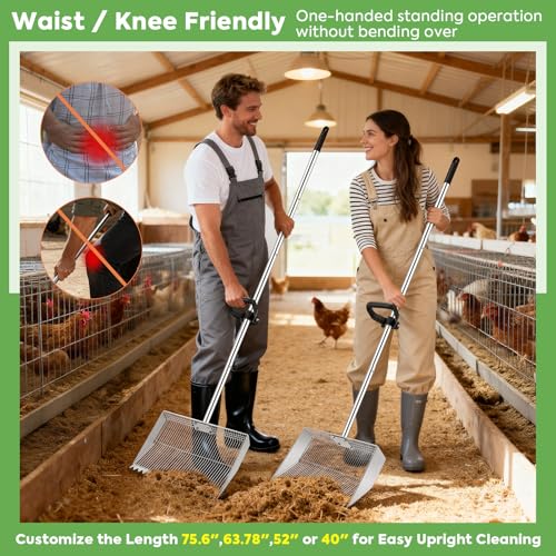 Chicken Poop Scooper Rake: Scooper with 75.6in Long Handle | 15in Wide Sifter-Adjustable Stainless Steel Rake-Non-Stick Metal-Easy to Clean-Ideal for Poultry Coop/Manure Cleaning