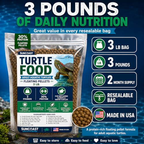Suncoast Aquatic Turtle Food for Adult Turtles - Floating Pellets with 30% Protein, Calcium, Vitamin E, Omega-3 & Vitamin C, Complete Diet for Red Eared Sliders & Water Turtles - 3.0 lbs - size: 3 Pound (Pack of 1)
