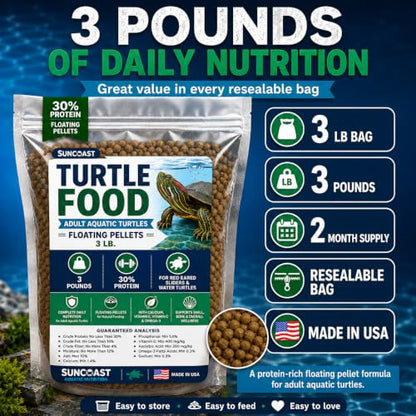 Suncoast Aquatic Turtle Food for Adult Turtles - Floating Pellets with 30% Protein, Calcium, Vitamin E, Omega-3 & Vitamin C, Complete Diet for Red Eared Sliders & Water Turtles - 3.0 lbs - size: 3 Pound (Pack of 1)