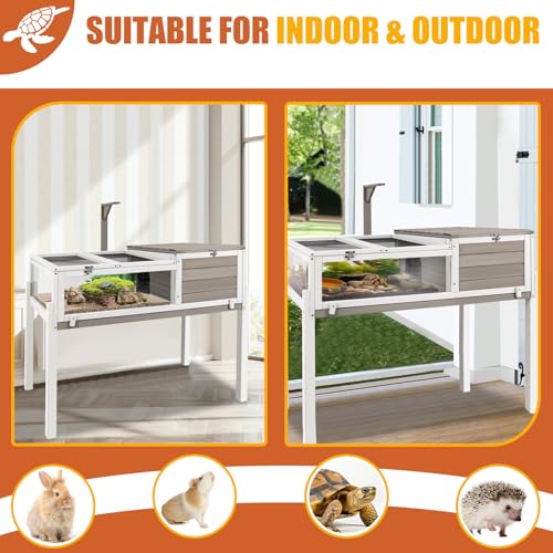 Ketive Tortoise Habitat Large Wooden Tortoise Enclosure Habitat with No-Leaking Tray Indoor & Outdoor, Reptile Cage for Small Animals TOR03-Grey