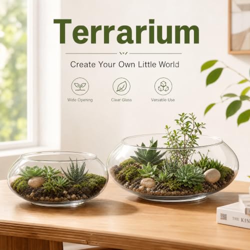 2 Pack Glass Vase Bowl, 6"/ 8" Wide Mouth Flower Vase Round Terrarium, Glass Hydroponic Planter Floral Container Clear Fish Bowl for Table Centerpiece, Wedding Event, Home Decoration