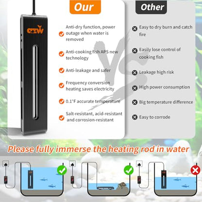 azw 300W Aquarium Heater 40-75Gal Triple Auto Shutoff Safety & Memory Function | Dual Explosion-Proof Heating, Triple Safety Cutoff, LED Precise Control, Memory Function, Multi-purpose Aquarium Heater - size: S