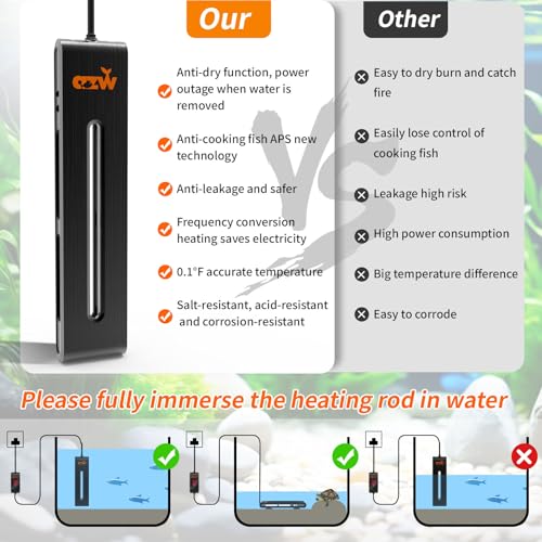 azw 800W Aquarium Heater 110-250Gal Triple Auto Shutoff Safety & Memory Function | Dual Explosion-Proof Heating, Triple Safety Cutoff, LED Precise Control, Memory Function, Multi-purpose Aquarium Heater - size: L