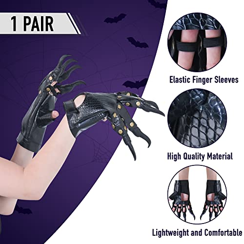 Faux Leather Claw Costume Gloves - Black Lizard Skin Scary Animal Gloves