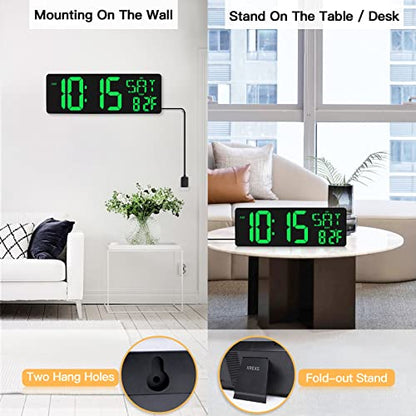XREXS Large Digital Wall Clock with Remote Control, 16.5 Inch LED Display, Count Up & Down Timer, Adjustable Brightness, Plug-in Alarm Clock with Day/Date/Temperature for Home, Gym, Classroom | LED Large Display Count Up & Down Timer, Adjustable Brightnes