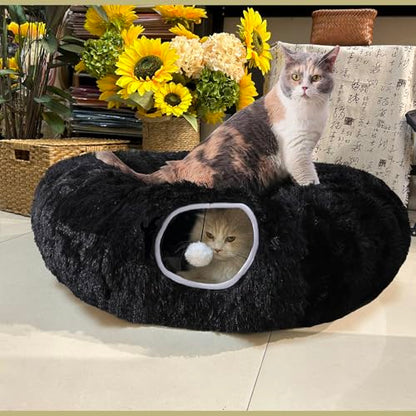 Cat Bed Tunnel Tube Toy Black Plush | Round, Collapsible Pet Tunnels for Indoor Cats, Interactive Toys Play Tubes with Hanging Ball for Kitten, Puppy, Rabbit - color: Black Plush