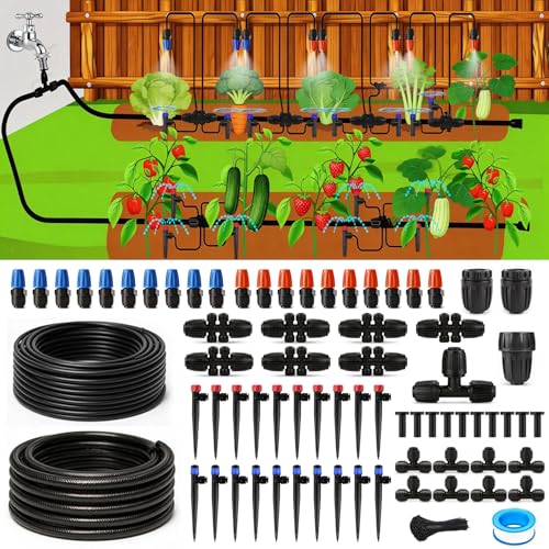 Drip Irrigation System with Quick-Connect, 248FT Complete Kit | Automatic watering with leak-free push-fit connectors, adjustable drip emitters for gardens, raised beds, greenhouses & lawns - size: 34FT 1/2''Main tube+214FT 1/4'' tube