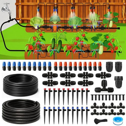 Drip Irrigation System with Quick-Connect, 248FT Complete Kit | Automatic watering with leak-free push-fit connectors, adjustable drip emitters for gardens, raised beds, greenhouses & lawns - size: 34FT 1/2''Main tube+214FT 1/4'' tube