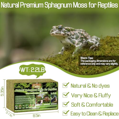 Halatool 2.2 LB Sphagnum Moss for Reptiles - Green Terrarium Moss | Expands to 50 QT, Reptile Bedding for Snakes, Tortoises, Geckos & Lizards, Humidity Retention & Temperature Buffering - size: 2.2LB
