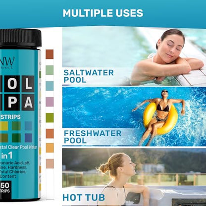 Pool Test Strips 8-in-1, 150 Quick and Accurate Pool and Hot Tub Test Strips - Pool Water Testing Kit for Chlorine, Bromine, pH, Hardness, More - All in 1 Swimming Pool Test Strips by JNW - style: 150 STRIPS - 8 IN 1 POOL TEST STRIPS