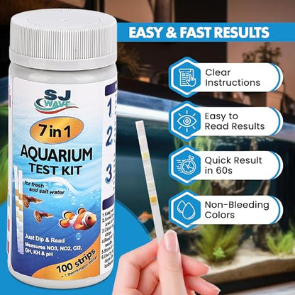 7 in 1 - Aquarium Test Strips | 100 Fast & Accurate Strips | Fish Tank Aquariums Water Test Kit & ebook | Aquarium Thermometer | Fish Tank Water Testing Kit for Fresh & Saltwater | Versatile Usage