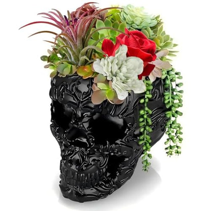 Resin Air Plant Holders,Tilandsia Container,Gothic Skeleton Planter,Halloween Plant Pot,Tillandsia Pot, Skull Table Top Display Planters for Air Plants and Other (Black, 6 * 6 * 4.5'') - size: 6*6*4.5''