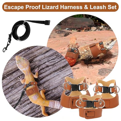 3 Pack Bearded Dragon Harness Set, Adjustable Bearded Dragon Leash with 3 Sizes Vests, 6.56ft Lead for Reptile Training Walking (Smooth Brown) - color: Smooth Brown