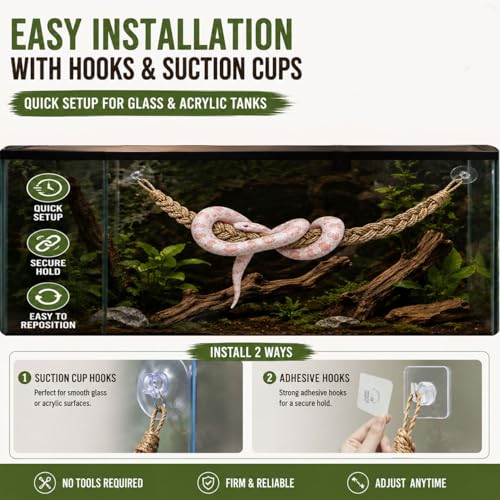 Ball Python Tank Accessories Snake Climbing Rope with Suction Cups & Hooks | Natural Beige 29-Inch Braided Rope Bridge for Climbing Resting & Habitat Decor for Corn Snakes Geckos & Lizards