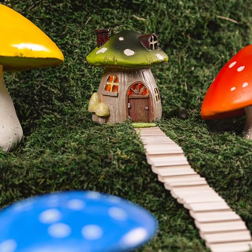Miniature Fairy Garden Mushroom House – Resin Fairy House Statue with LED Light, Cute Mushroom Decor for Patio, Tiny Home Terrarium or Outdoor Yard Decor - Miniature Figurines and Garden Accessories