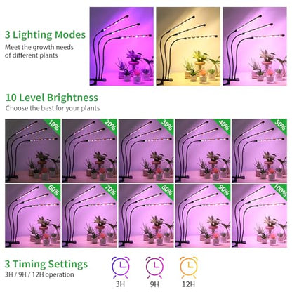 LED Plant Grow Light, Suitable for Indoor Plants, Full Spectrum Clip on Plant Growing Light with Red, Blue, Yellow Beads, 10 Brightness Levels, 3 Light Modes, 3/9/12H Auto Timer, 3 Head - size: Red+Blue+Yellow-3Head 1Pack