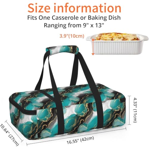 Hot Cold Food Carrier Tote Abstract Turquoise Print | Abstract Black White Green Turquoise Marble, Insulated Single Carrier with Handles Zipper Fits 9x13 Baking Dish Picnic - color: Pattern (768)